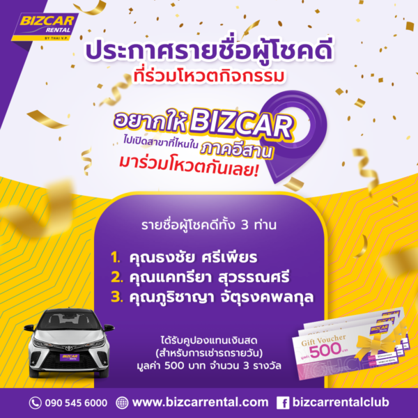 Read more about the article ประกาศรายชื่อผู้โชคดีที่ร่วมโหวตกิจกรรม อยากให้ BIZCAR ไปเปิดสาขาที่ไหนในภาคอีสาน
