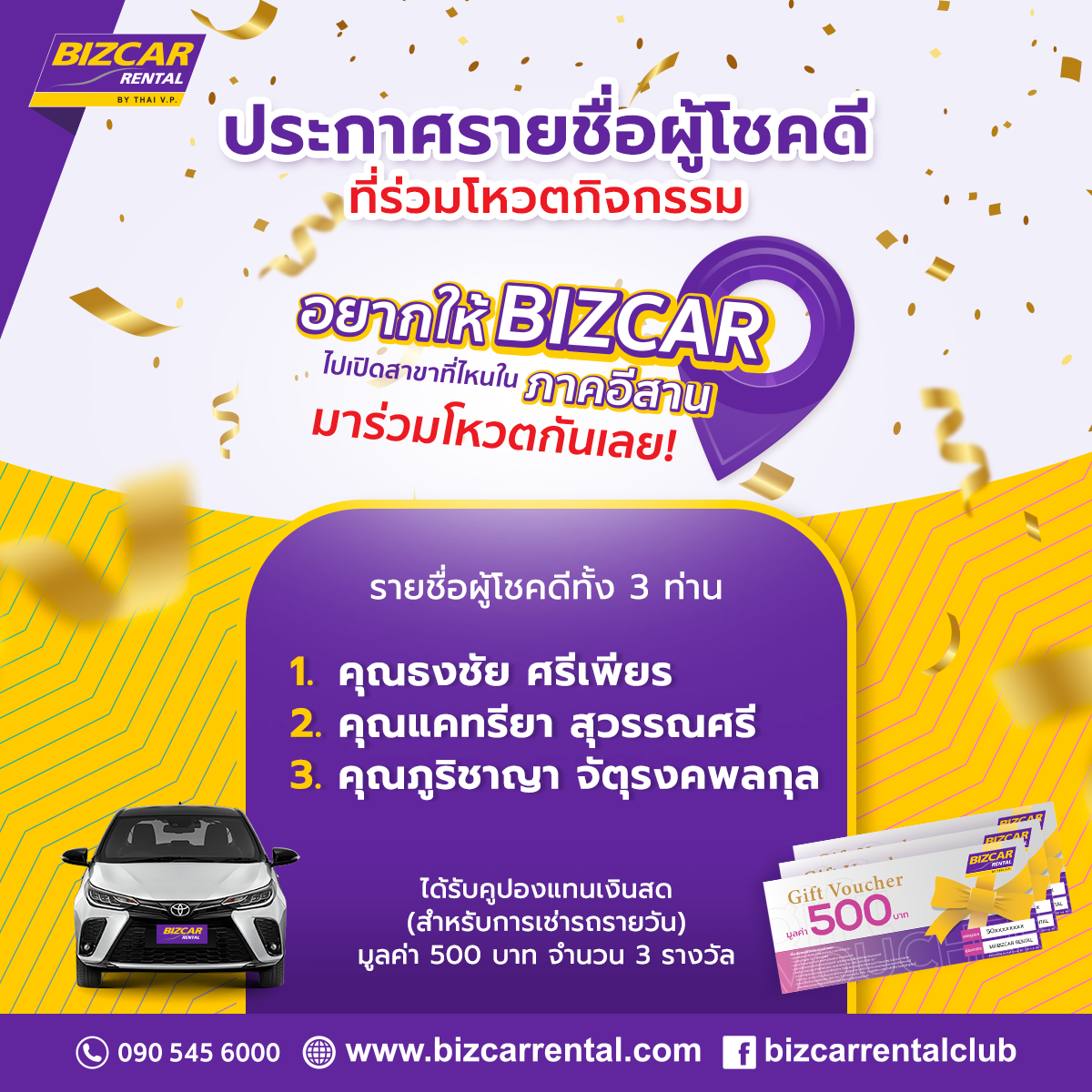 You are currently viewing ประกาศรายชื่อผู้โชคดีที่ร่วมโหวตกิจกรรม อยากให้ BIZCAR ไปเปิดสาขาที่ไหนในภาคอีสาน